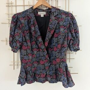 VTG Argenti Floral‎ Peplum Blazer Jacket Puff Sleeve 100% Silk Women's Sz 14